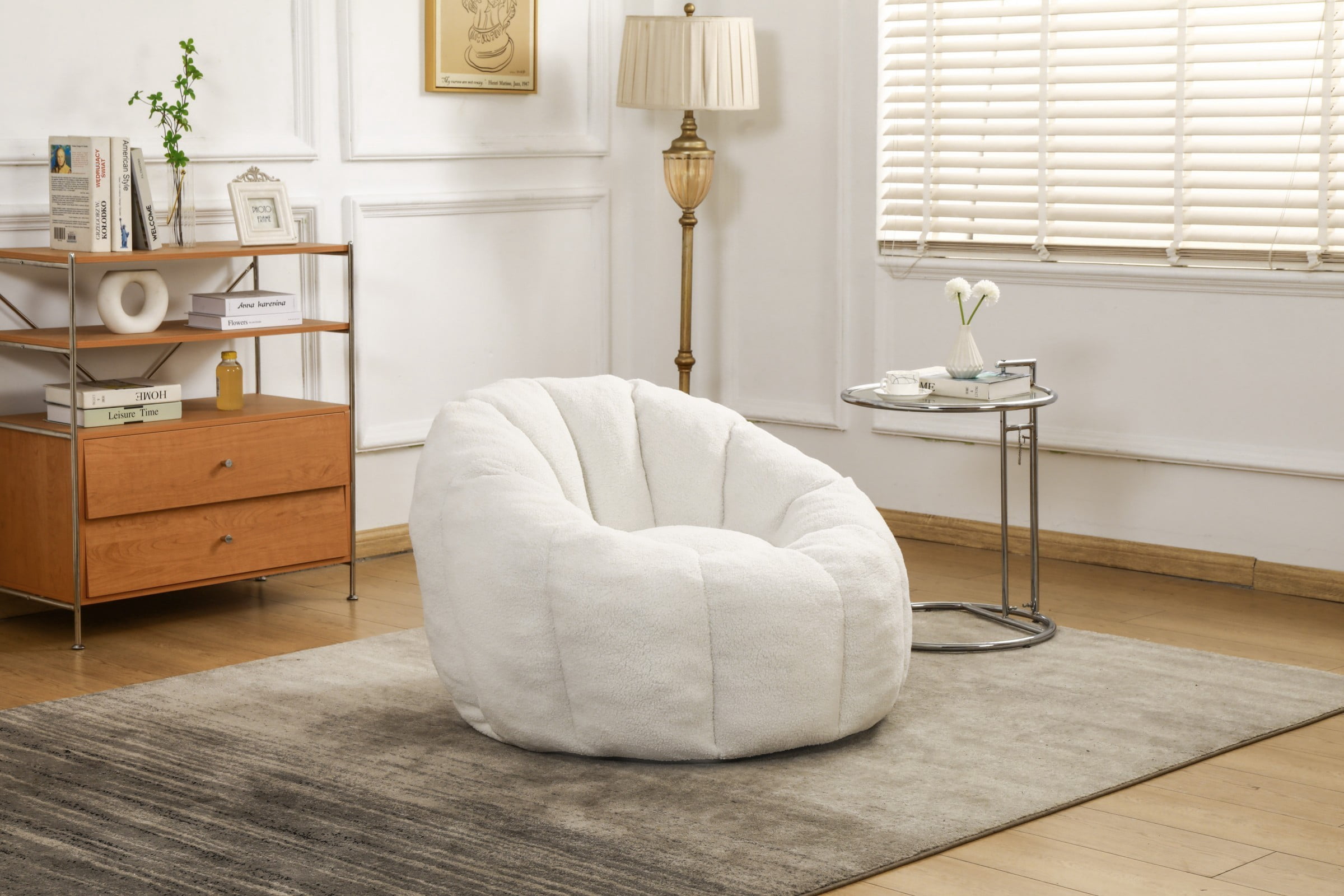 Bean Bag Chair for Adults, Faux Fur Memory Foam Bean Bag Sofa with Armrests, Fluffy Lazy Chair for Living Room Bedroom, White