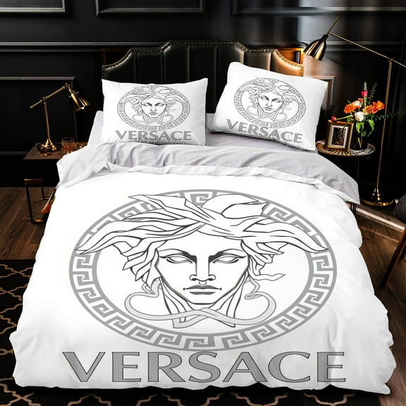 3-Piece Duvet Cover Set with Greek Key Pattern & Stylized Face Design - Luxurious White Bedding for Modern Bedrooms