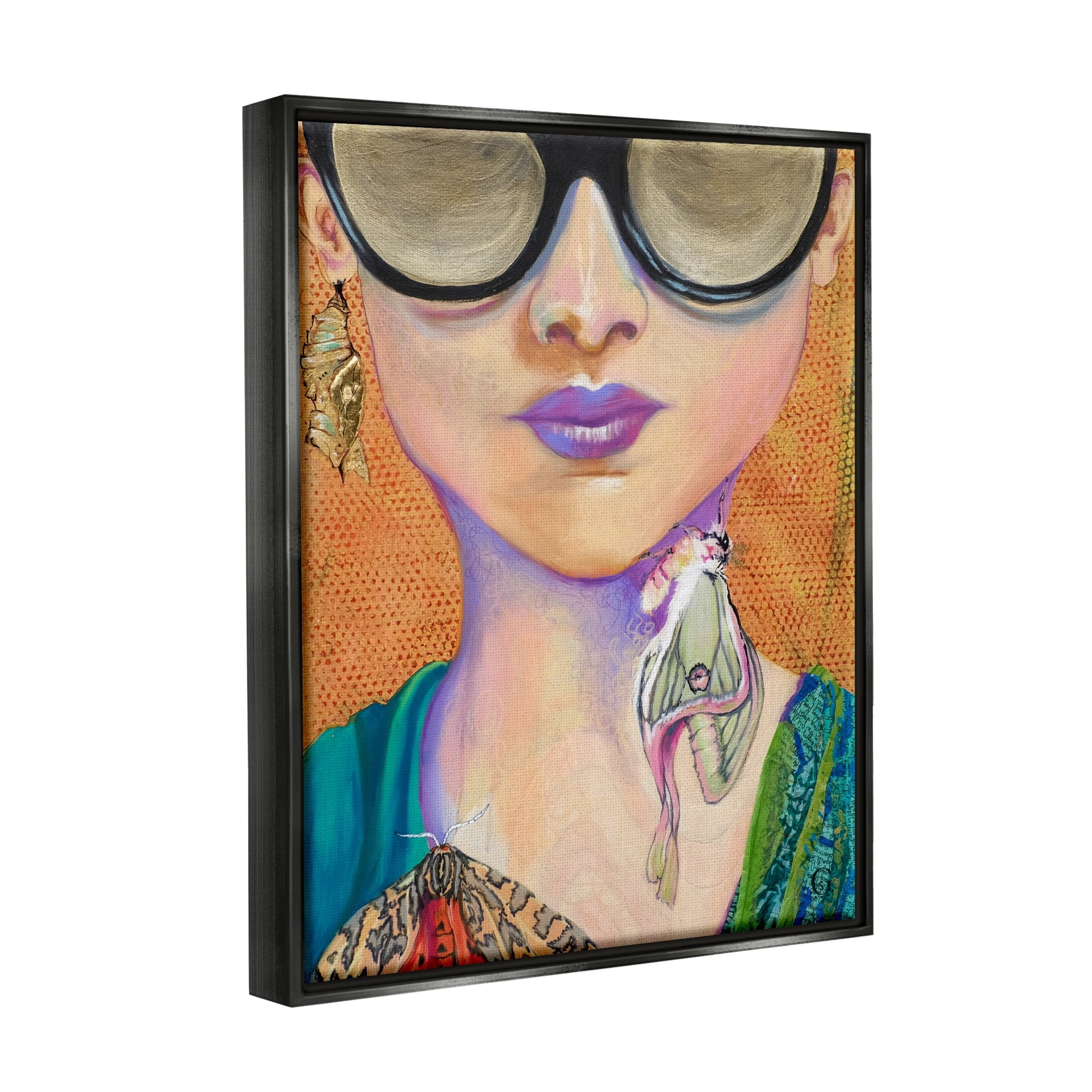Stupell Industries Woman Wearing Butterfly Insect Jewelry Sunglasses Painting Painting Jet Black Floating Framed Canvas Print Wall Art, Design by Stacy Gresell