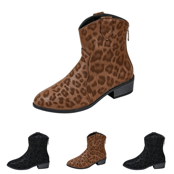 Domuza Women's Leopard Print Suede Ankle Boots, Low Block Heel Back Zipper Fashion Short Boots Brown 10(EU-43)