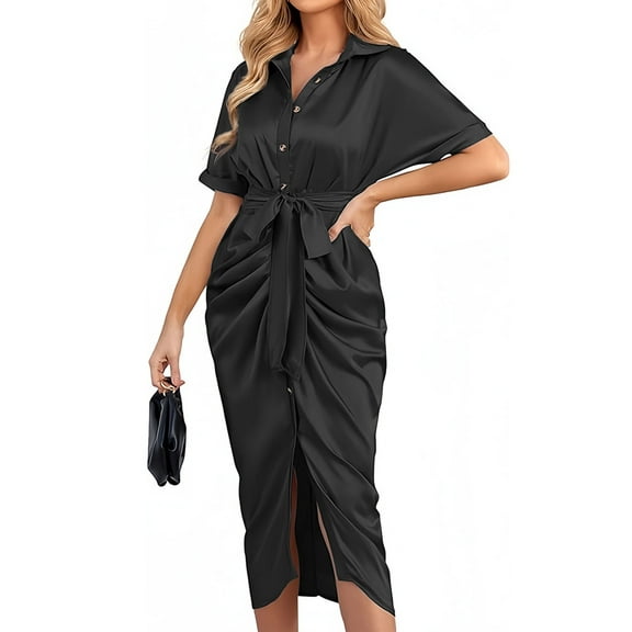 Hanerdun Womens Satin Shirt Dress Short Sleeve Ruched Party Wrap Dresses V Neck Button Down Maxi