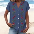 thumbnail image 2 of YUGYXL Button Down Shirts for Women Cap Sleeve Floral Printed Tops V Neck Henley Blouse Business Casual Outfits for Daily Blue Tops S, 2 of 5