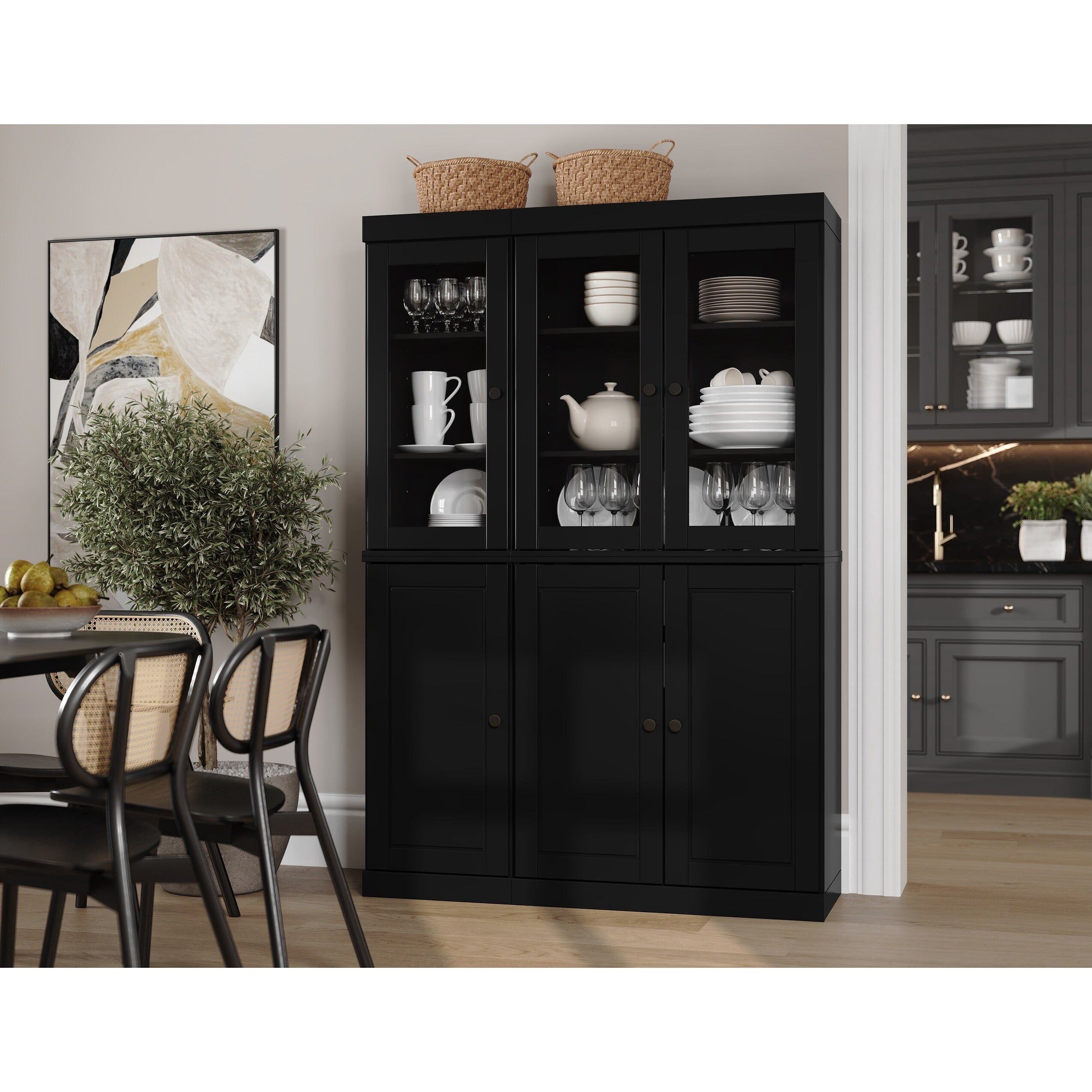 Palace Imports 100% Solid Wood Kitchen Pantry Storage Cabinet with Solid, Clear Glass Doors and Adjustable Shelves, Black