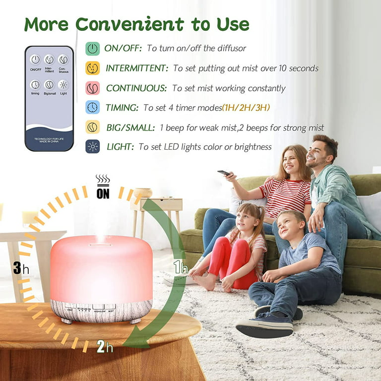 Essential Oil Diffuser, 500ml Cool Mist Humidifier with 6x10mL Oils, 7  Colors Changed, Aromatherapy Diffusers Large Room Home Office Baby-12 Hours  of Aromatherapy (White Wood Grain) 