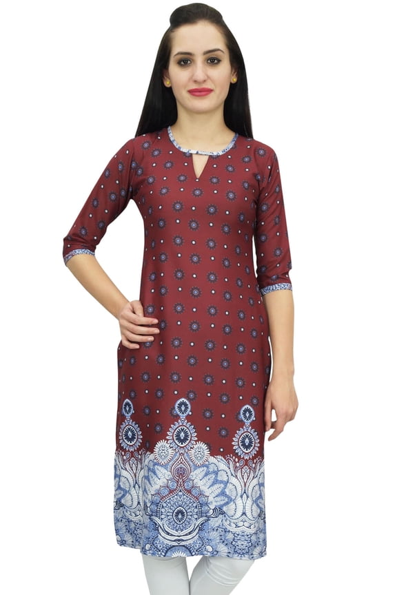 Women's Printed Tunic Maroon Georgette Kurti Kurta Indian Long Blouse-10