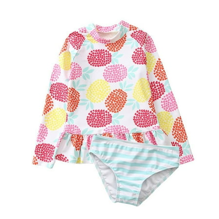 

Bullpiano Long Sleeve Ruffled Striped Bikini Beach Swimwear Floral Bathing Suits Kids Girls Swimsuit Set Toddler Girls Rash Guard