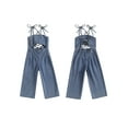 thumbnail image 3 of Yunliwuli Little Girl Sleeveless Denim Jumpsuit Solid Color Tie Shoulder Strap Cut Out Wide Leg Overalls Romper, 3 of 10