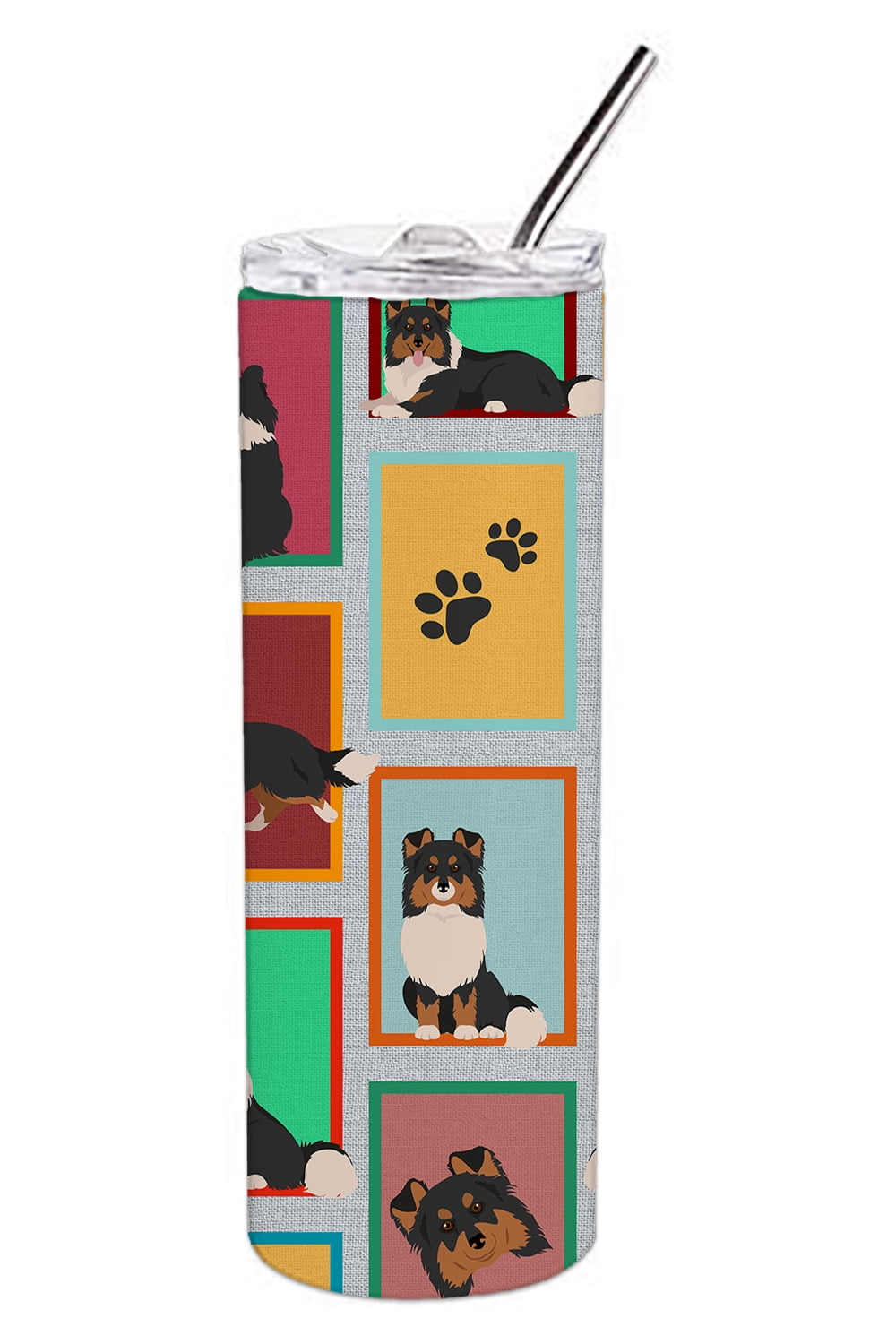 Carolines Treasures MLM1172TBL20 20 oz  Lots of Tricolor Sheltie Stainless Steel Skinny Tumbler