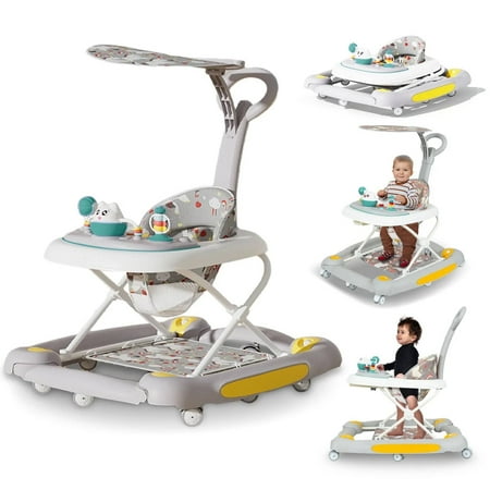 GAMBE 4 in 1 Foldable Baby Walker, with Removable Canopy, Footrest, Music , Light, Small Toys, Gray
