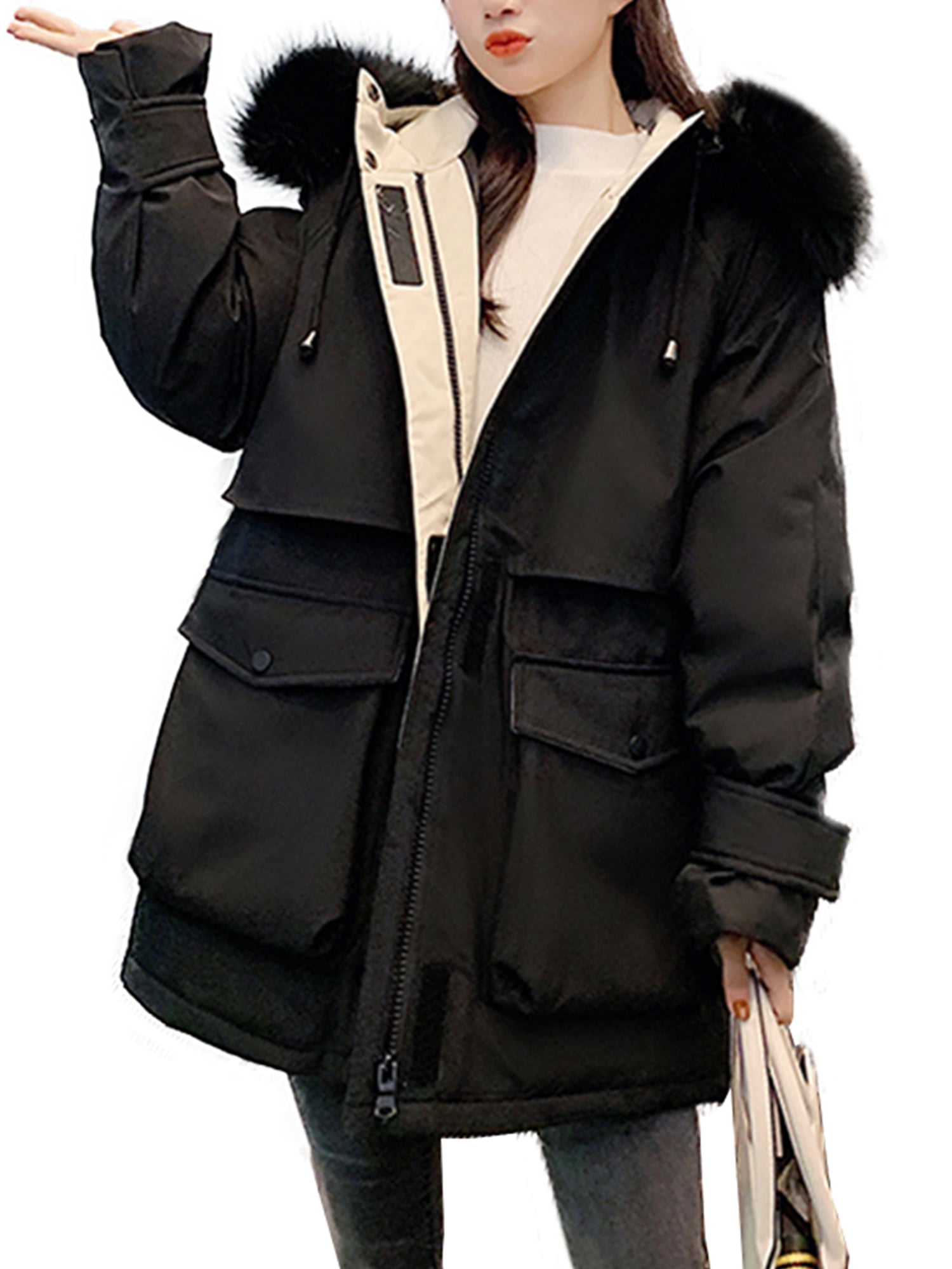 Black Thick Winter Women Coat Vintage Overcoat Wool Lapel Warm Solid 2018 Coats,Black,L