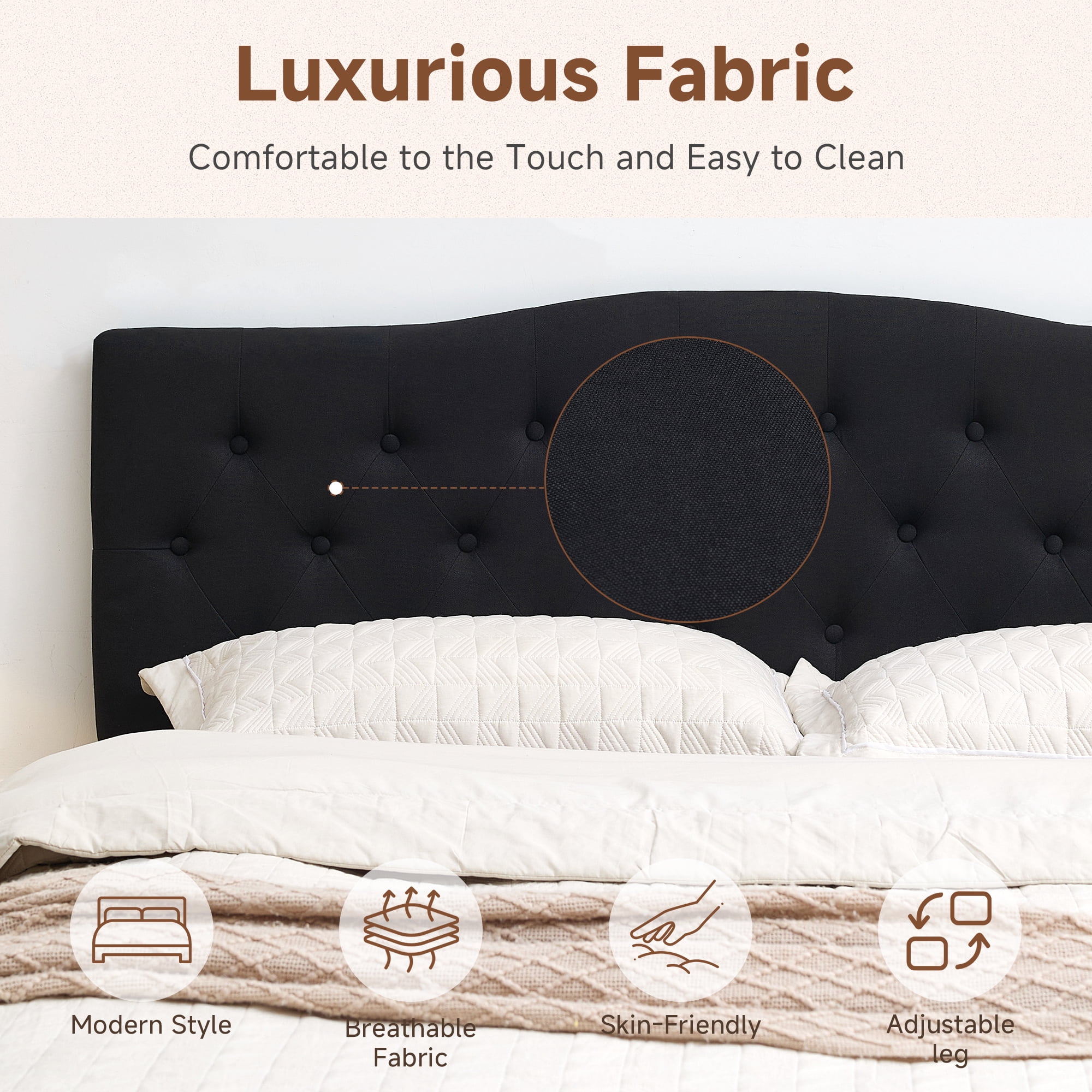 JONPONY Tufted Upholstered Headboard Queen Size, Solid Wood Head Board with Durable Metal Legs, Adjustable Height Head Board, Black