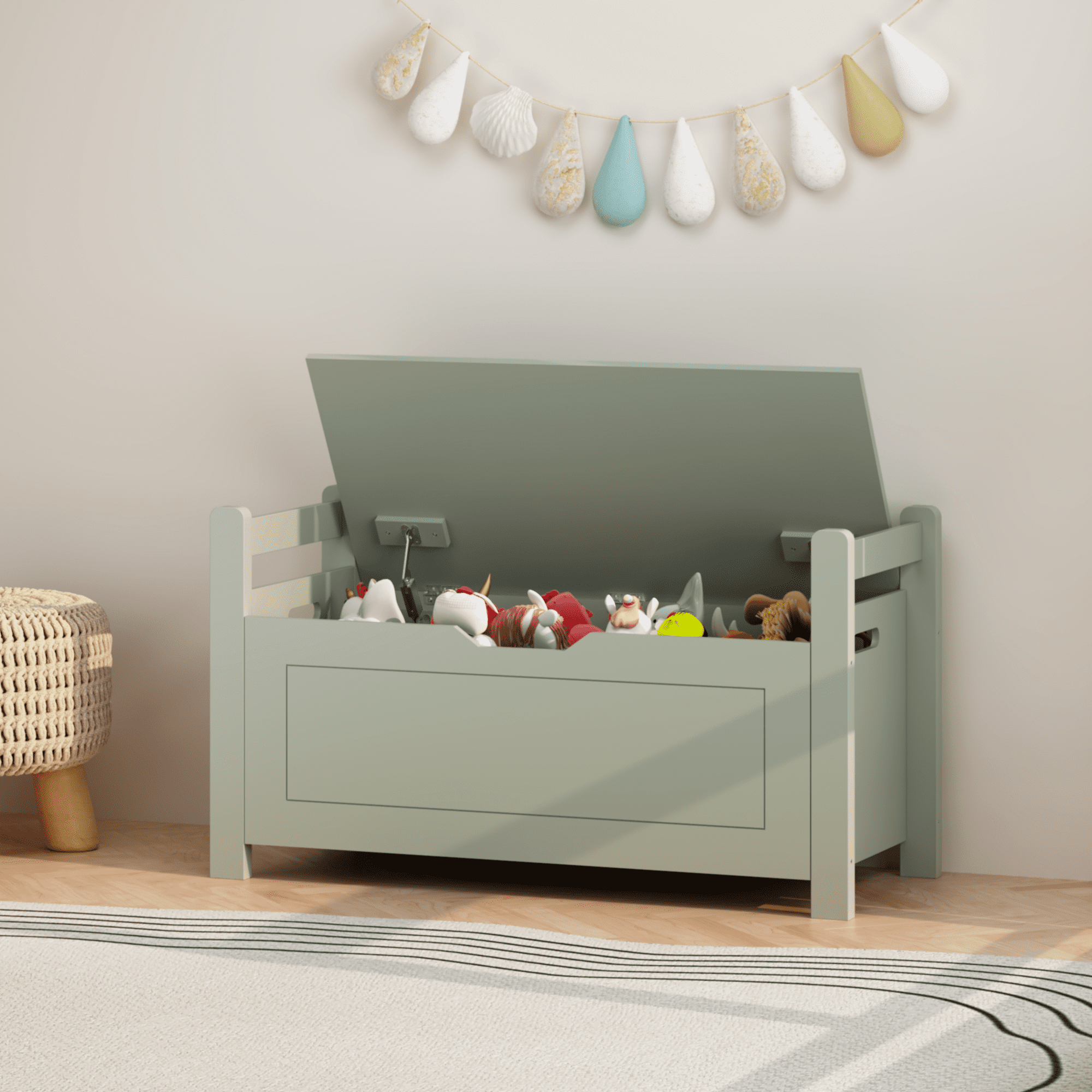 MDF Toy Box with Cushion Seat Flip-Top Safety Hinge 35 Inch Kids Storage Organizer