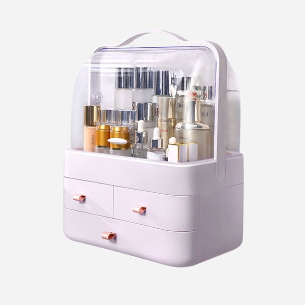Makeup Organiser, 360 Degree Rotating Double Door Cosmetic Storage  Box,Dust-Proof Cosmetic Case with 2 Drawers and Carry Handle