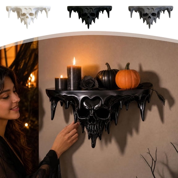 Halloween Skull Wall Shelf for Spooky Home Decor, Gothic Wall Mounted Floating Shelves with Dripping Design, Plastic Display Rack for Bedroom Living Room 8.6 Inch