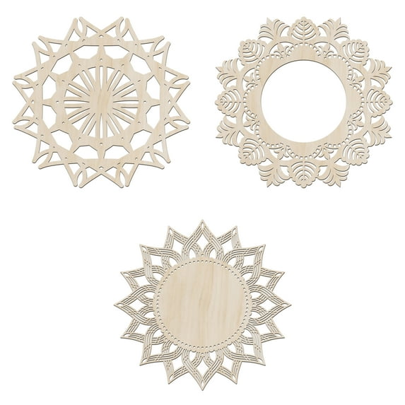 Mandala Wooden Wall Art Set of 3, Sprouting Floral Exotic Lines Design, Birch Wood Plywood Rustic Wall Art Accent for Hallway Bedroom Living Room and Offices, 11.4" X 11.4" X 0.1", by Ambesonne