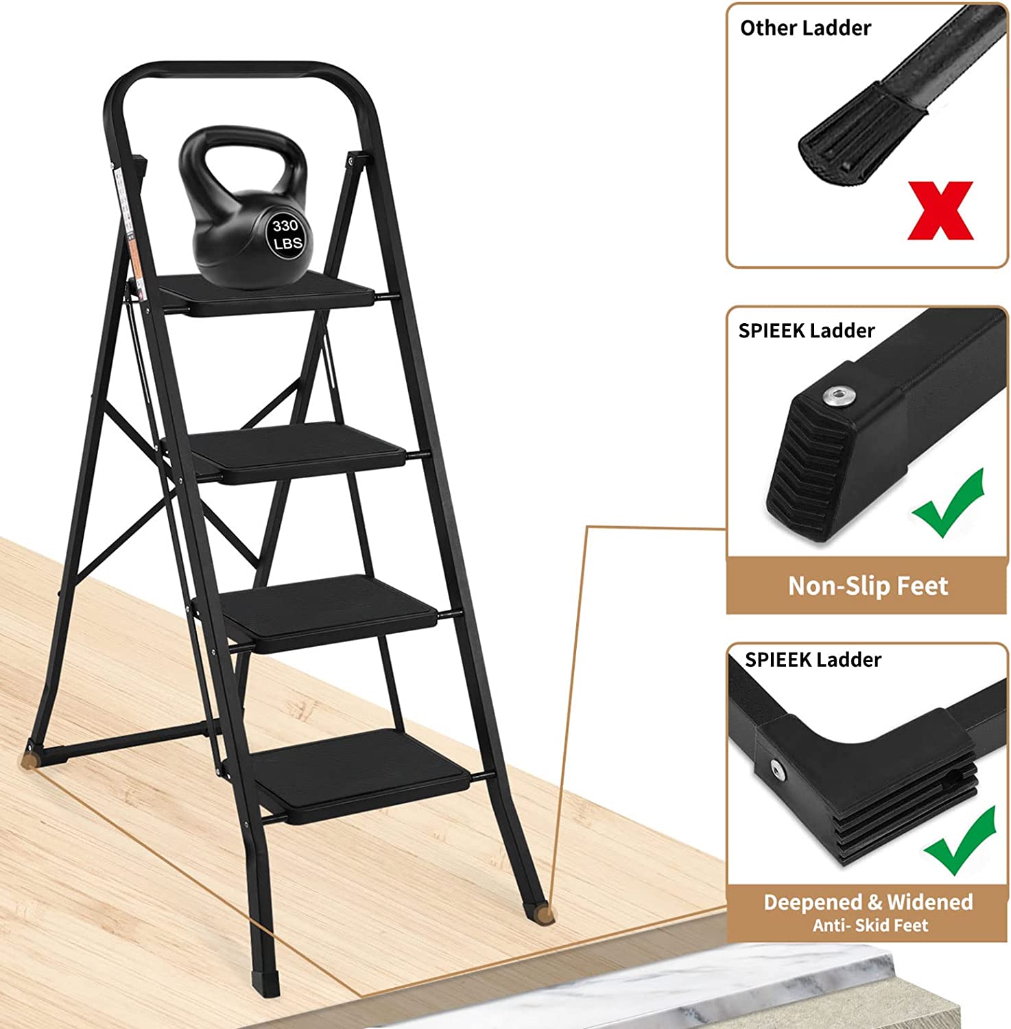 Coolhut Heavy Duty 4 Step Ladder, Strong Metal Folding Stool, 330lbs ...