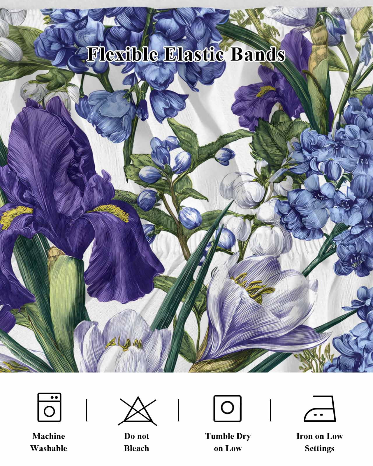 Spring Flower Bed Skirt Queen Size 16 Inch Drop, Retro Blue Hydrangea Purple White Floral Green Leaf Adjustable Elastic Dust Ruffles Bedskirt for Queen Bed Wrap Around Pleated Mattress Frame Cover