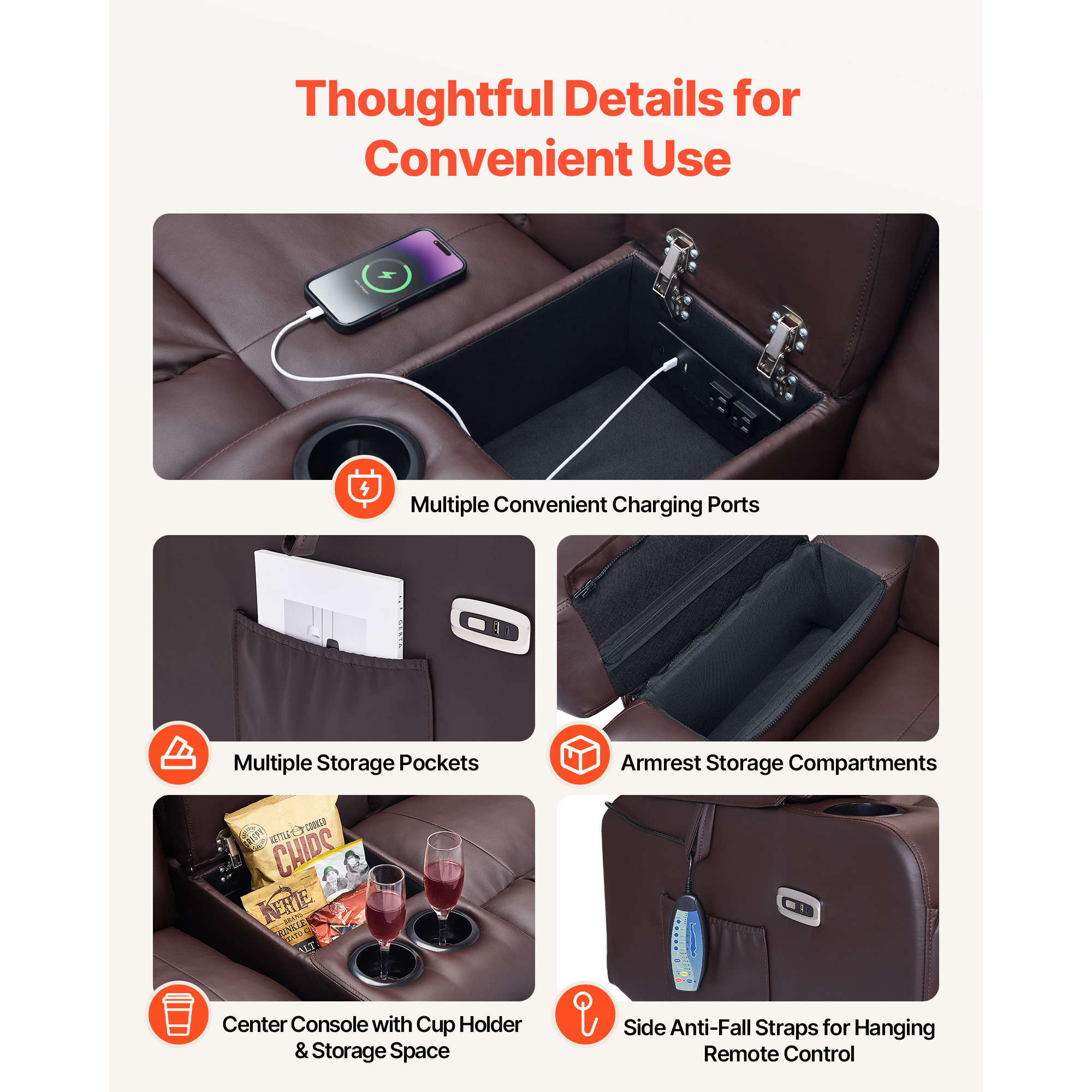 KFFKFF Reclining Loveseat Sofa with Heating, Massage, and Timer, PU Leather Electric Couch with Center Console, USB Ports, Cup Holders, and Side Pockets for Living Room
