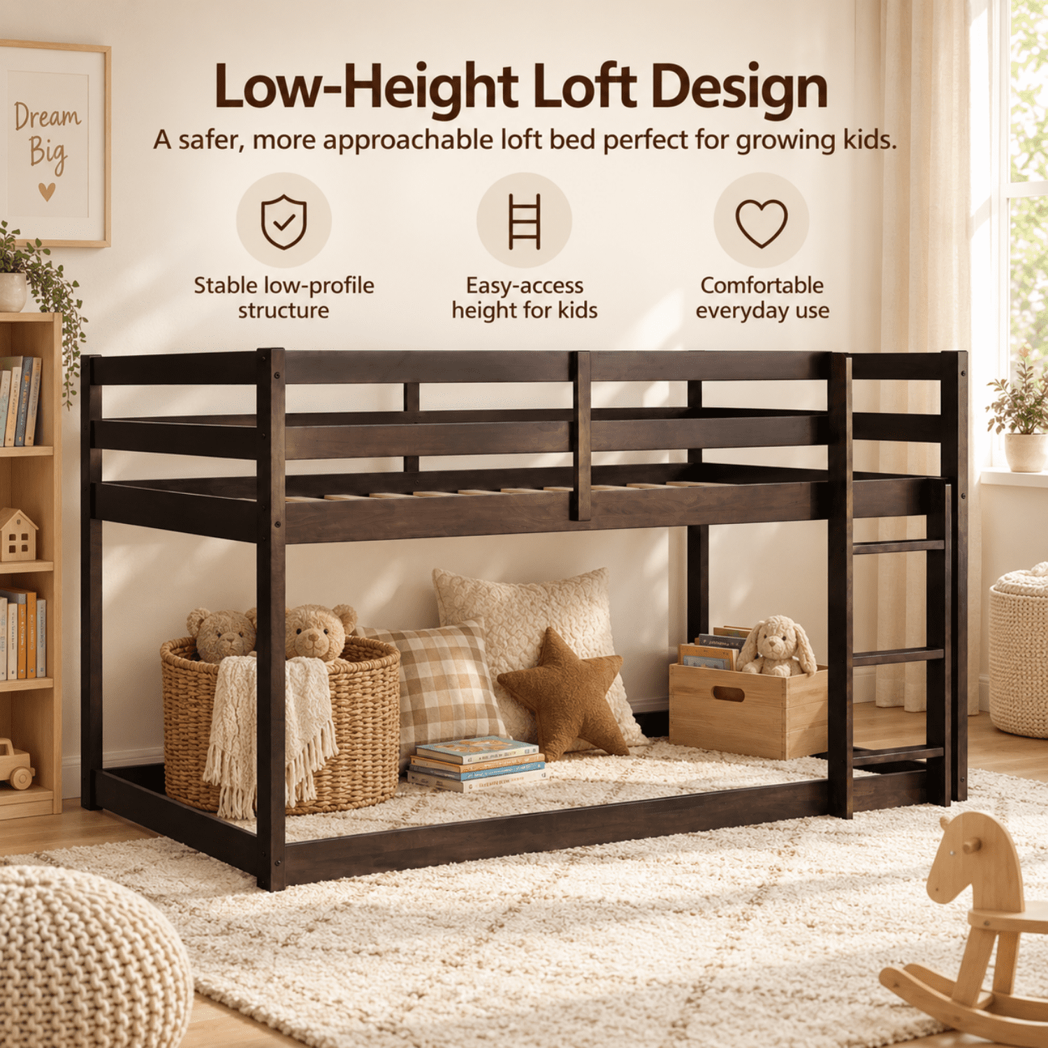 Miniyam Wood Twin over Twin Floor Bunk Bed with Ladder and Guardrails, Espresso