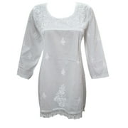 Mogul Womens  Tunic Top Cotton White  Hand Embroidered  Kurti Blouse Shirt