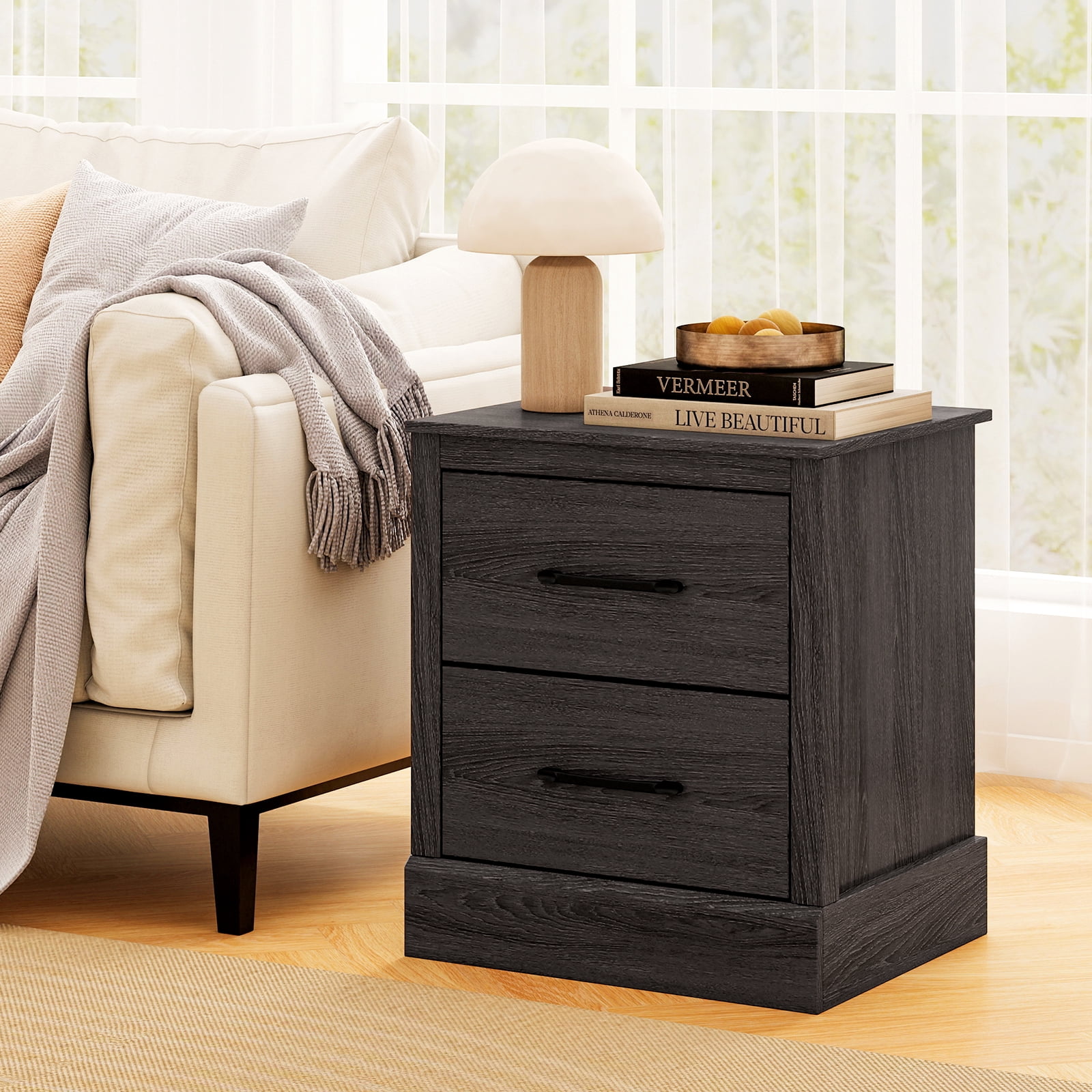 Gymax Set of 2 Drawer Nightstand Bedside Table Compact Sofa End Table Oak Dark Grey