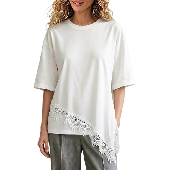 GZWYHT Women's Crew Neck Elbow Sleeve T Shirts Lace Trim Asymmetric Hem Loose Fit Casual Tunic Tops Soft Breathable Summer Tees White S