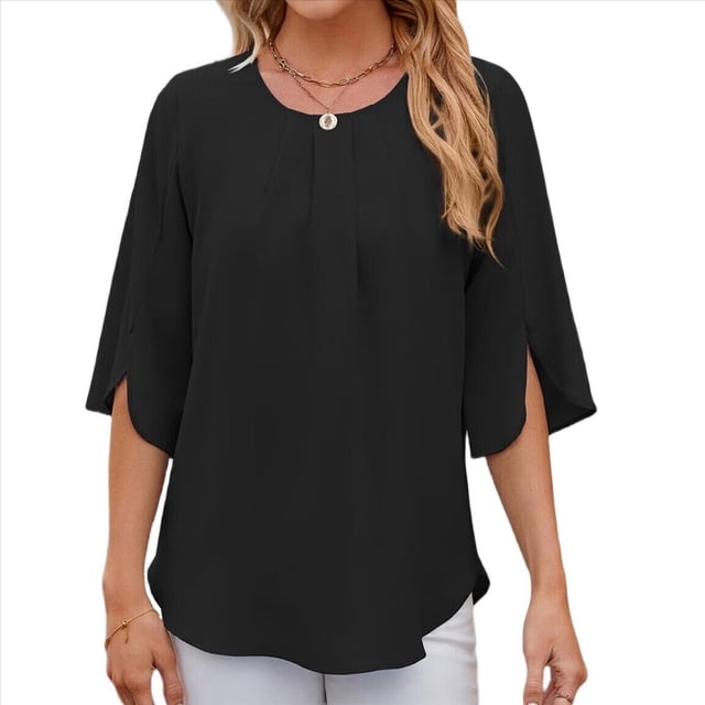 Blusa Informal de para Mujer, con Mangas 1/2 con Volantes, Cuello Redondo, Corte Holgado, Color Negro, Talla S