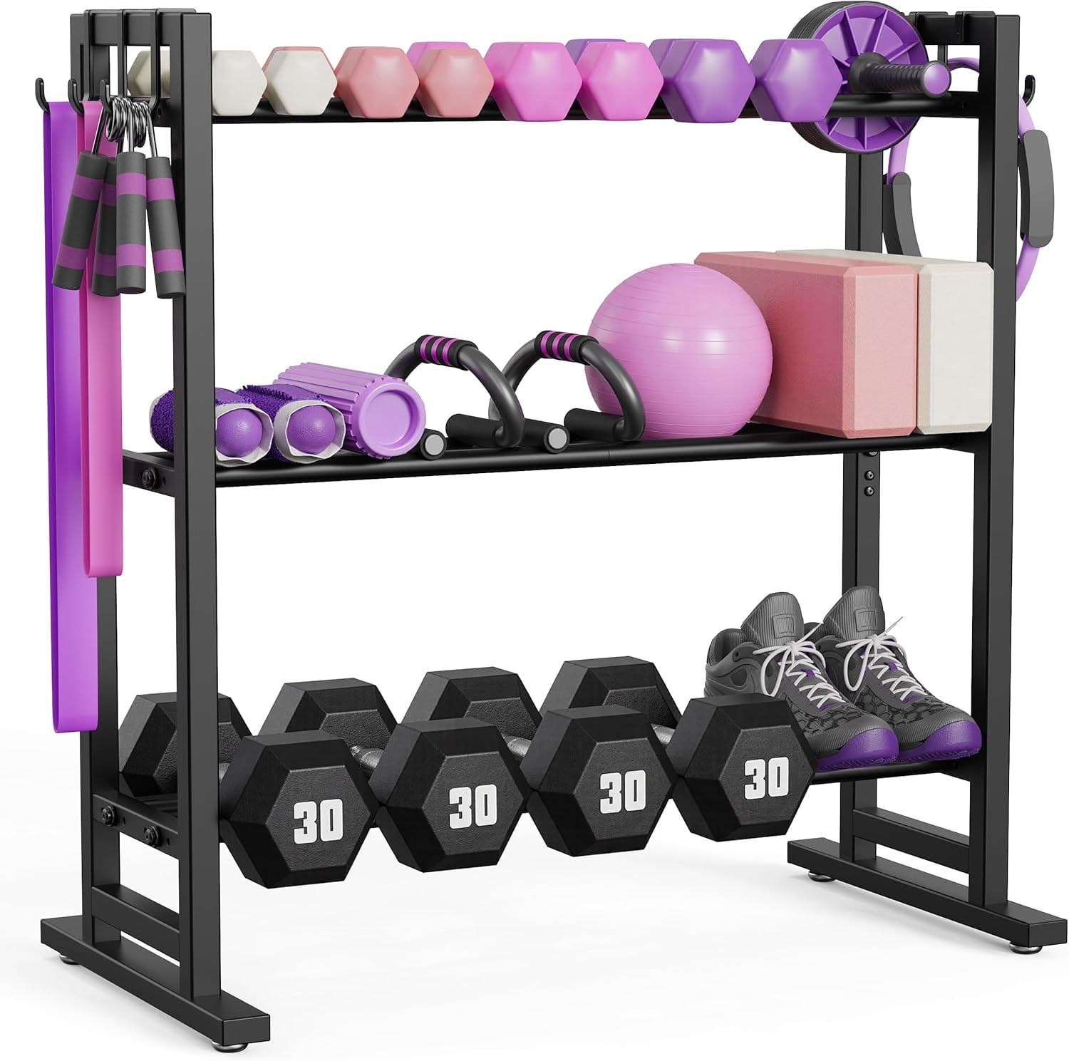 3 Tier Dumbbell Rack Only+Adjustable Extended Base + Hooks, 450 lb Capacity Space-Saving Weight Storage for Home Gym Fitness Equipment
