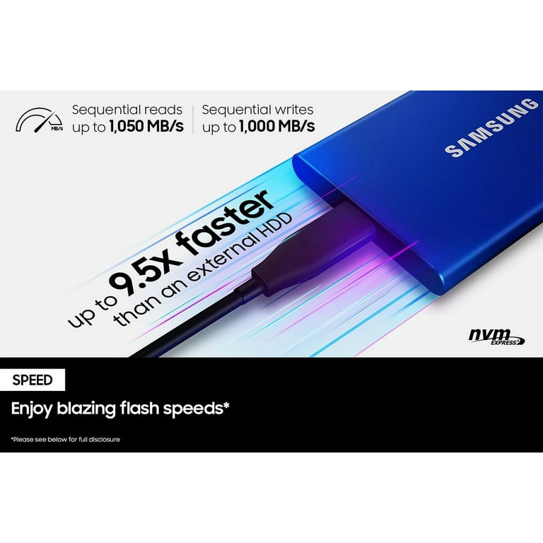 SAMSUNG T7 Portable SSD 1TB Indigo Blue, Up-to 1,050MB/s, USB 3.2 Gen2, External - MU-PC1T0H/AM SAMSUNG T7 Portable SSD 1TB Indigo Blue, Up-to 1,050MB/s, USB 3.2 Gen2, External - MU-PC1T0H/AM