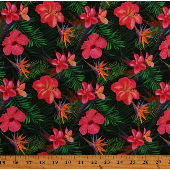 Cotton Tropical Flowers Floral Landscapes Pink Cotton Fabric Print by the Yard (130109)