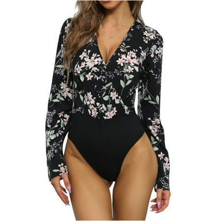 

Tawop Disposable Underwear for Women Women S Floral Print Sexy Pullover Deep V-Neck Tight Patchwork One-Piece Long Sleeve One-Piece Underwear Tops Running Sports Bras for Women