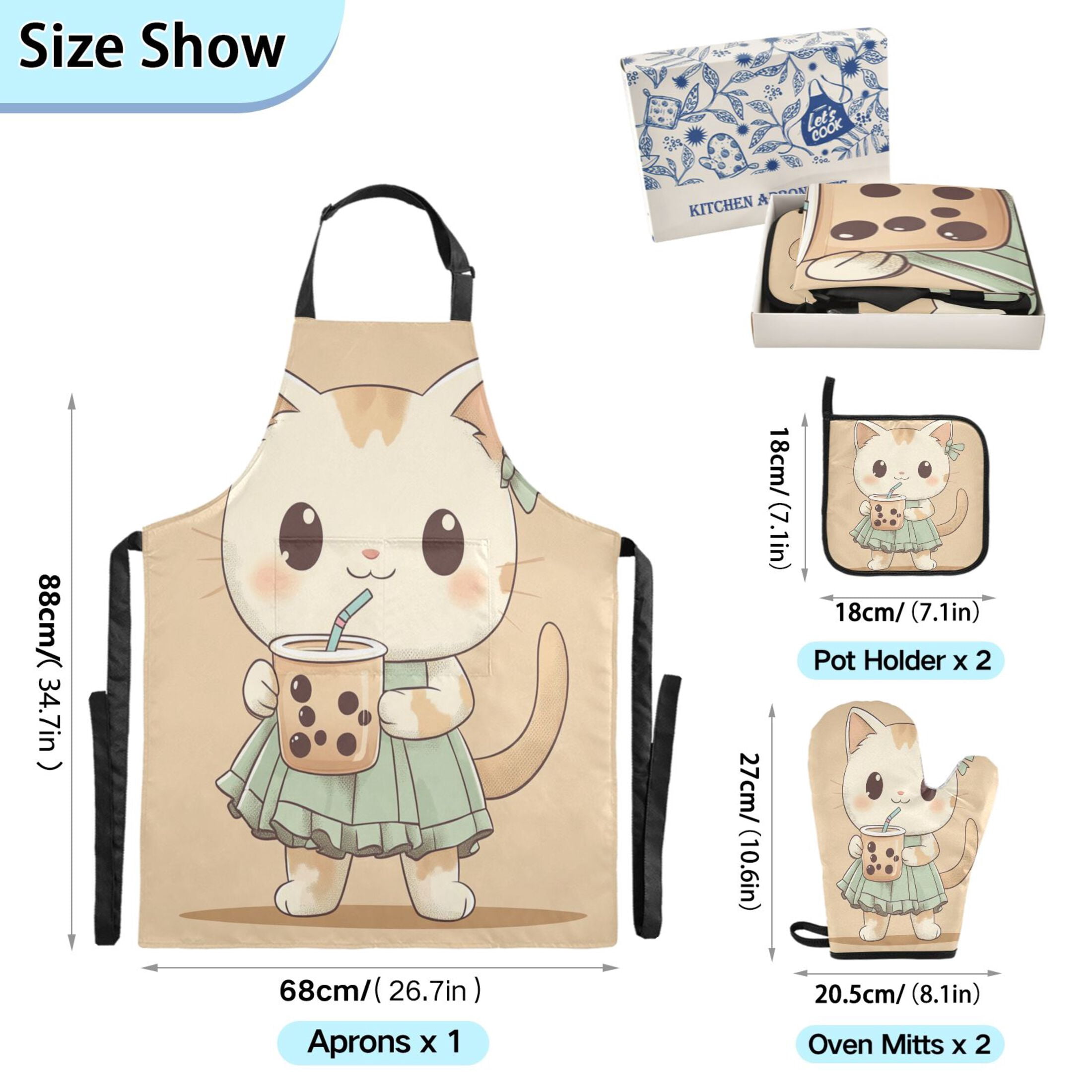 5 Pcs Kitchen Set Heat Resistant Oven Mitts and Non-Slip Pot Holders with Adjustable Cooking Apron Cute Cat Drink Bubble Tea