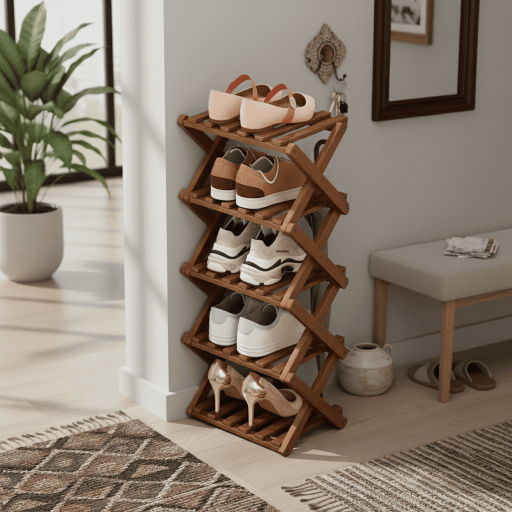 JUANYU Shoes Rack Organizer,Multi Tier Wooden Foldable Storage Rack for Home Shoe Storage with Durable Cross Structure,5-Tier,Tawny
