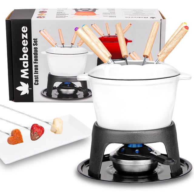 Juego de ollas para fondue de hierro fundido Mabeeze para queso, chocolate o carne - Olla esmaltada en blanco de 1,6 cuartos - Incluye 6 tenedores para fondue
