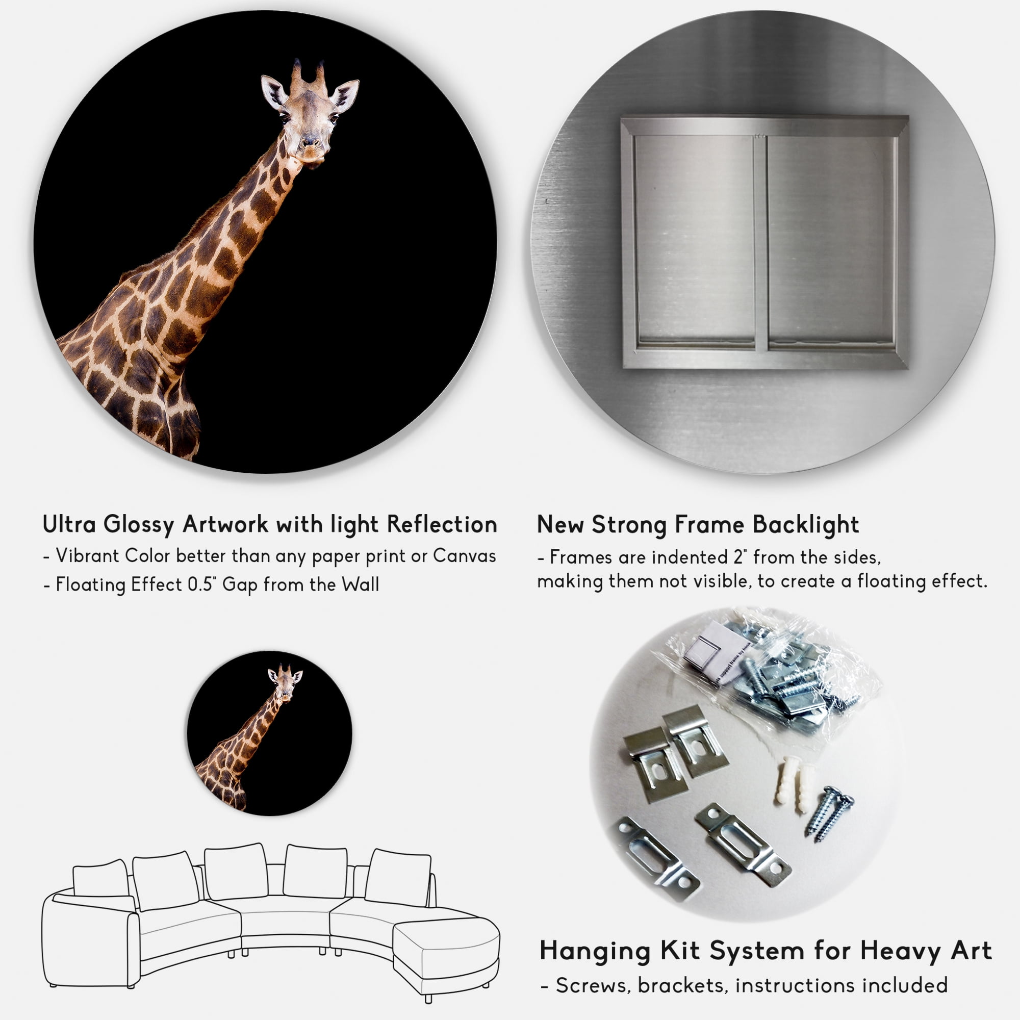 Designart 'Portrait of A Giraffe On Black Background III' Farmhouse Circle Metal Wall Art 11x11 - Disc of 11