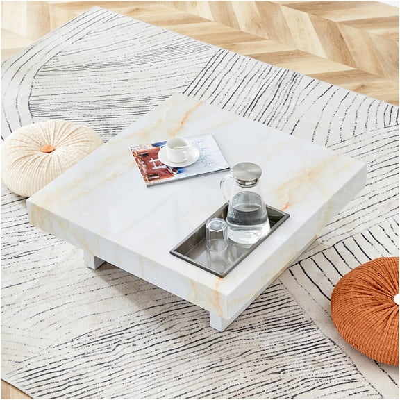 JERFIT 31.4 inch Modern White Coffee Table with Marble Pattern Top, Square MDF End Table for Living Room