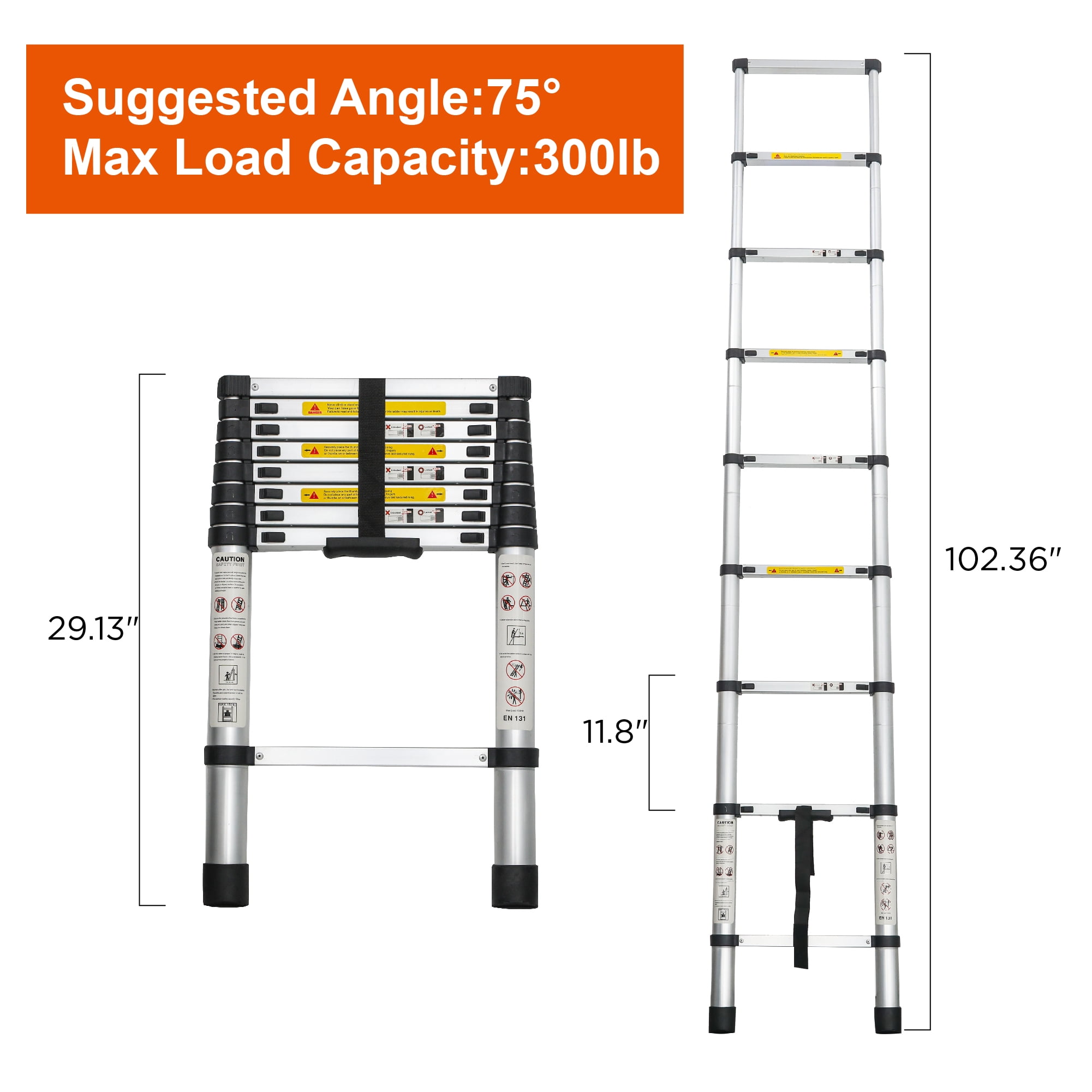 MAYEERTY Telescoping Ladder 8.5FT, Telescopic Extension Ladder, Aluminum Alloy Portable Folding Ladder for Indoor Outdoor, Heavy Duty 300 lbs Load