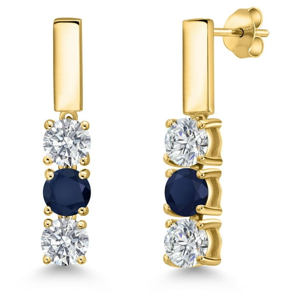 Gem Stone King 18K Yellow Gold Plated Silver White Lab Grown Diamond and Blue Sapphire Drop Dangle Earrings for Women | 1.60 Cttw | Gemstone April Birthstone | Round 5MM