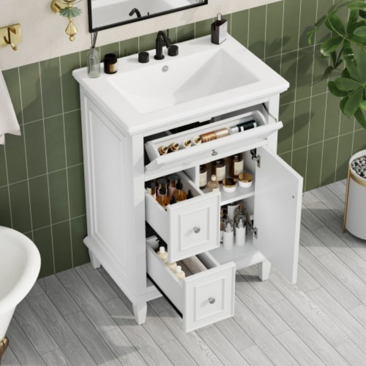 24" Bathroom Vanity with Sink, Modern Bathroom Vanity Cabinet with Flip Drawer, 2 Drawers, Adjustable Shelf, Solid Wood & MDF, White