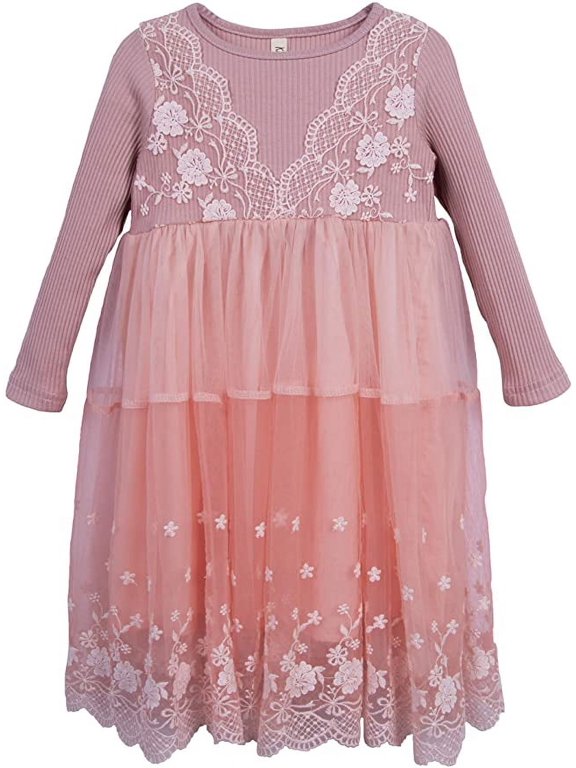 Little Girls Long Sleeve Flower Lace Knitted A-line Tulle Tutu Pink Dress 2-3 Years