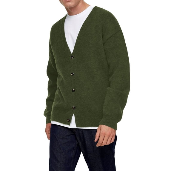 Langwyqu V-Neck Men Long Sleeve Solid Casual Spring Fall Button Knit Cardigan
