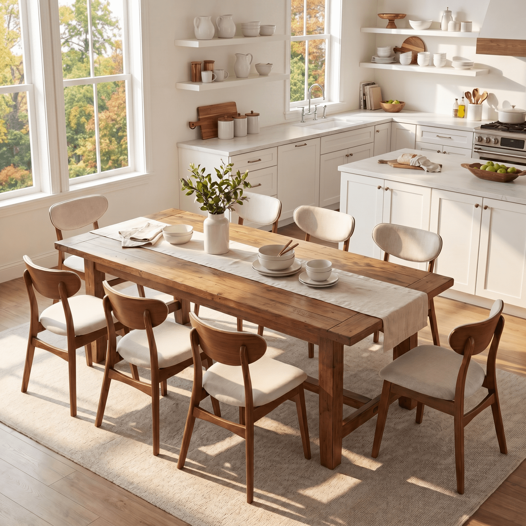 Prilinex Farmhouse Dining Chairs Set of 8, Fabric Upholstered Wooden Dining Chairs with Curved Back & Wood Legs, Mid-Century Kitchen Chairs for Dining Room Restaurant, Beige