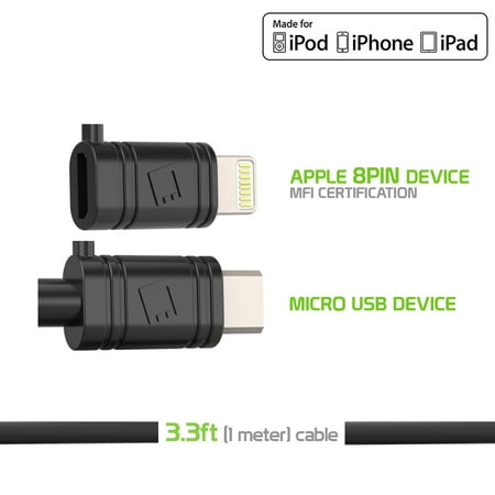 Cellet 2-IN1 Apple MFI Certified, Lightning + micro-USBCable, Compatible with iPhone iPad AirPods iPod & micro-USB Devices