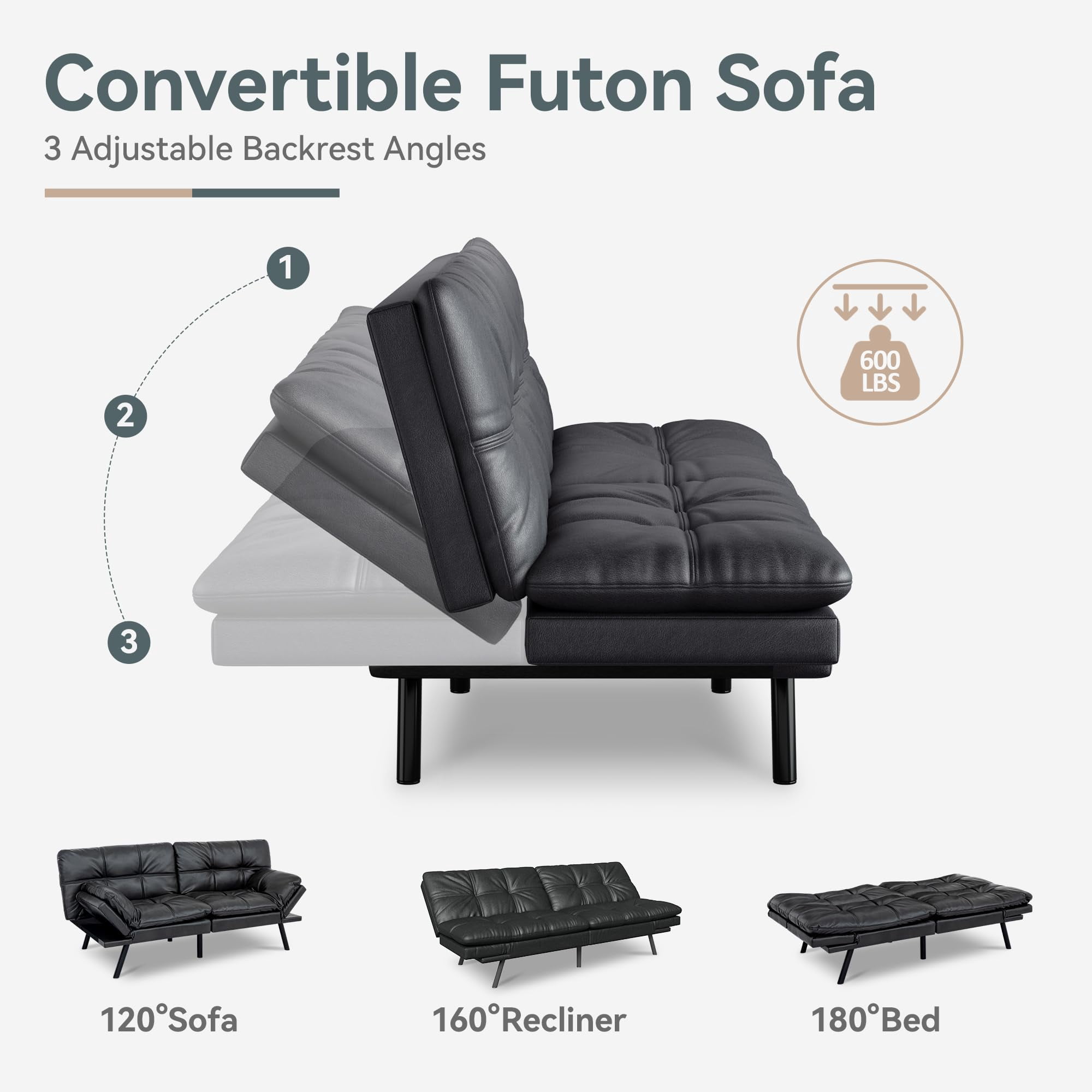 71" Sofa Bed Convertible Couch, Black Faux Leather Sofa Bed with Memory Foam, Adjustable Backrest & Armrests, Multifunctional Small Loveseat Sleeper Sofa for Living Room, Apartment, Office