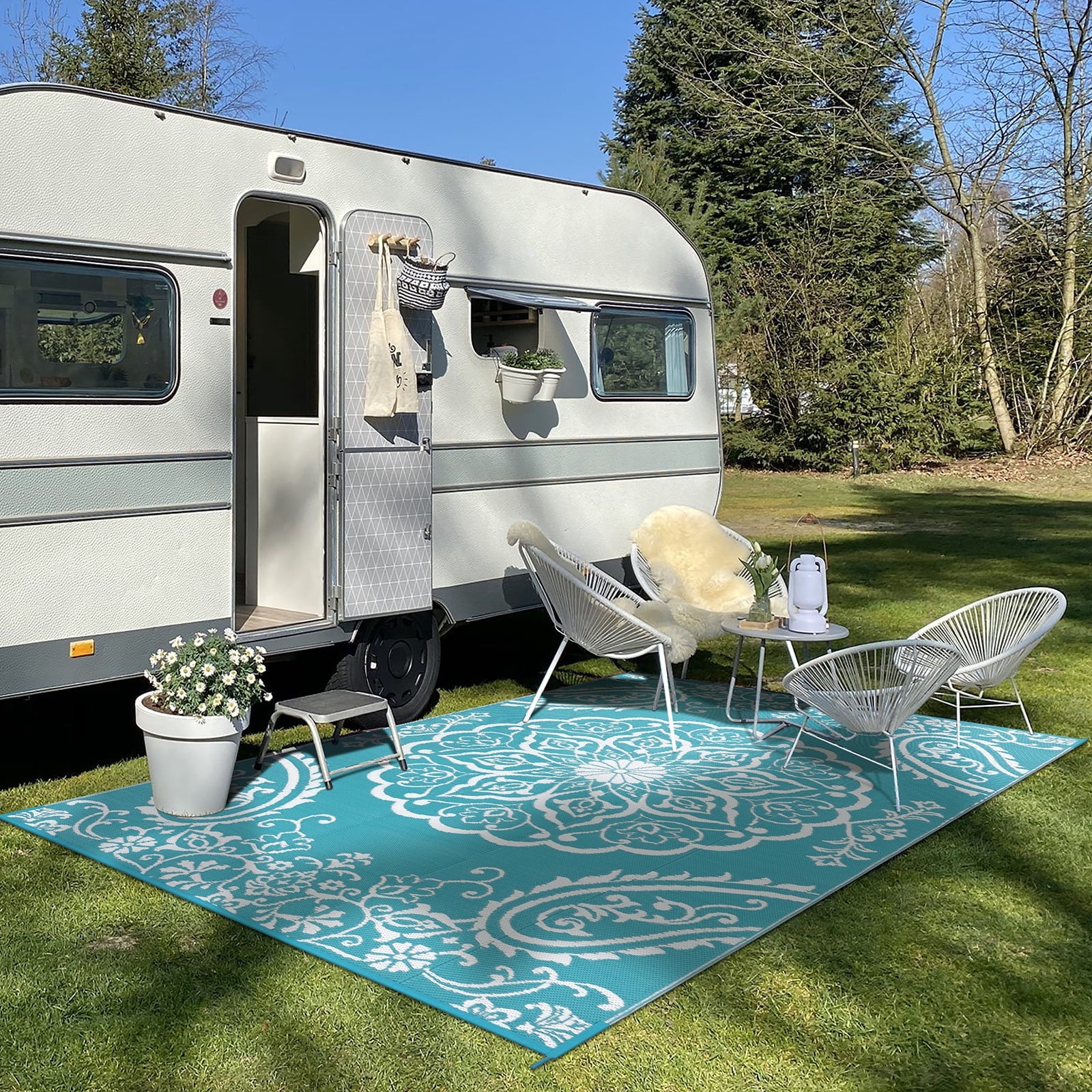 MeyJey 9'x12' Outdoor Rug, Patio Rug Waterproof RV Outdoor Rug Camping Rugs Reversible Plastic Mat for Camping, Balcony Apartment, Patio, Porch, Picnic, Beach, Teal