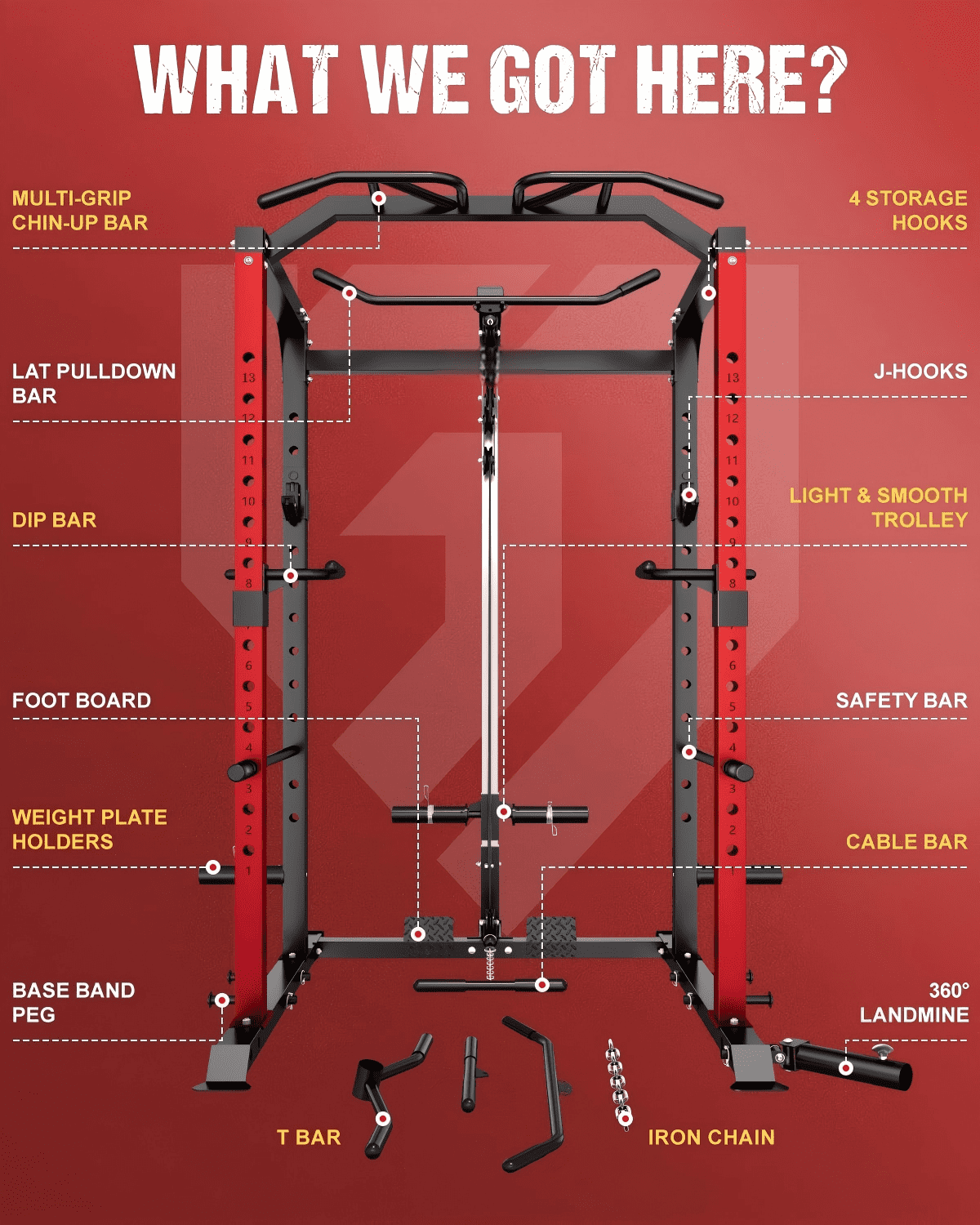 2000LBS Power Cage Squat Rack with LAT Pulldown System, Multi-Function Weight Cage Strength Training Machine, Home Gym Workout Cage with Multiple Attachments for Garage & Home Fitness