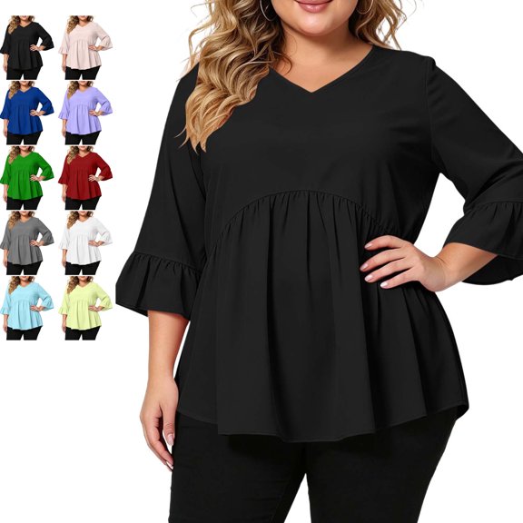 TGSLY Plus Size Peplum Tops for Women Lightweight Soft V Neck Ruffled 3/4 Bell Sleeve Shirts Oversized Casual Solid Color Blouses XL