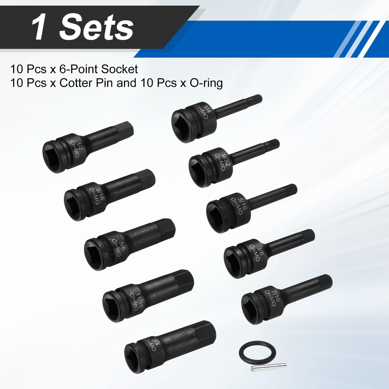 Uxcell 1/2" Drive Impact Hex Bit Socket Set 1/4,9/32,5/16,3/8,7/16,1/2,9/16,5/8,11/16,3/4 Inch SAE CR-MO Steel 6-Point Sockets with Cotter Pin for Power Drill Drivers Adapter