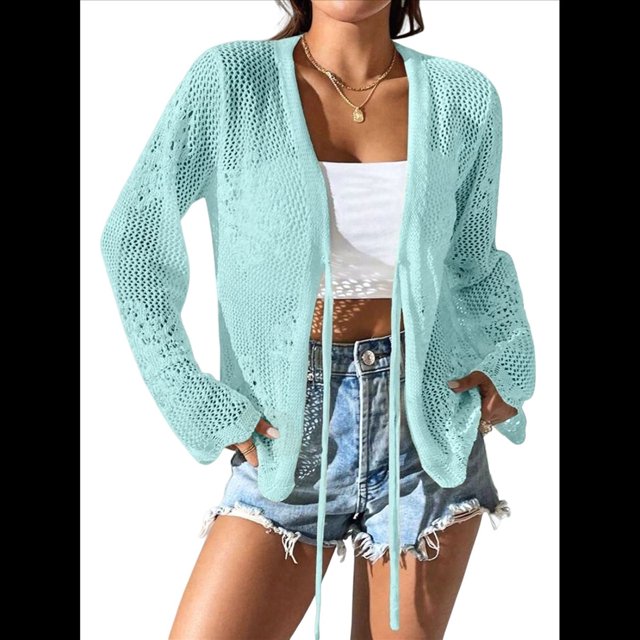 Cárdigan Informal de Playa para Mujer, de Larga, con Aberturas y Lazo Frontal de Crochet. Azul M