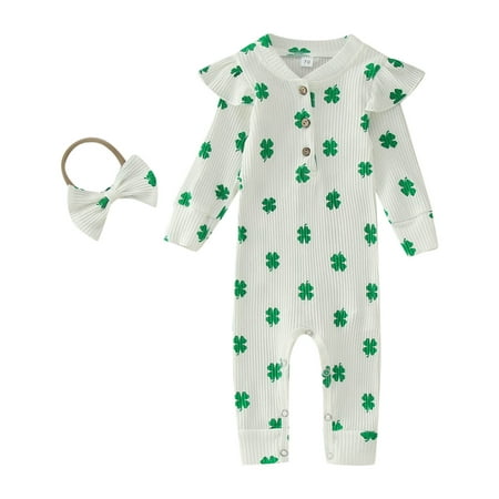 

Girls Jumpsuits Long Sleeve St.Patric.K S Day Floral Prints Ribbed Pullover Romper Overalls for Kids